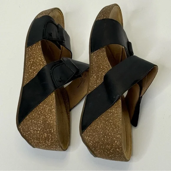 Clarks Black Wedge Sandals Leather Two-Strap Design with Adjustable Buckles 9 - Picture 5 of 9